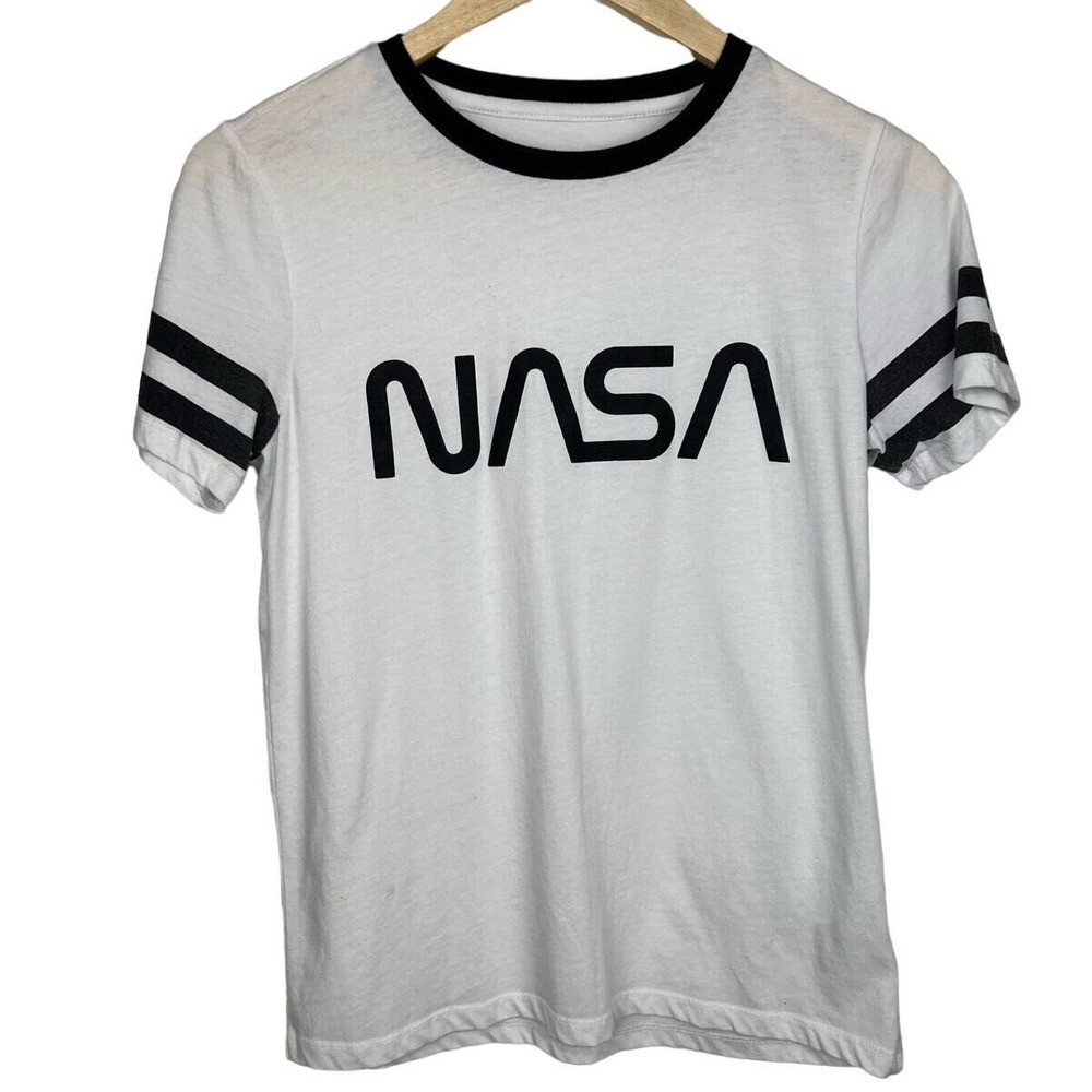 Epic Threads Womens L NASA Graphic Ringer BABY Tee White Black Sleeve Shirt